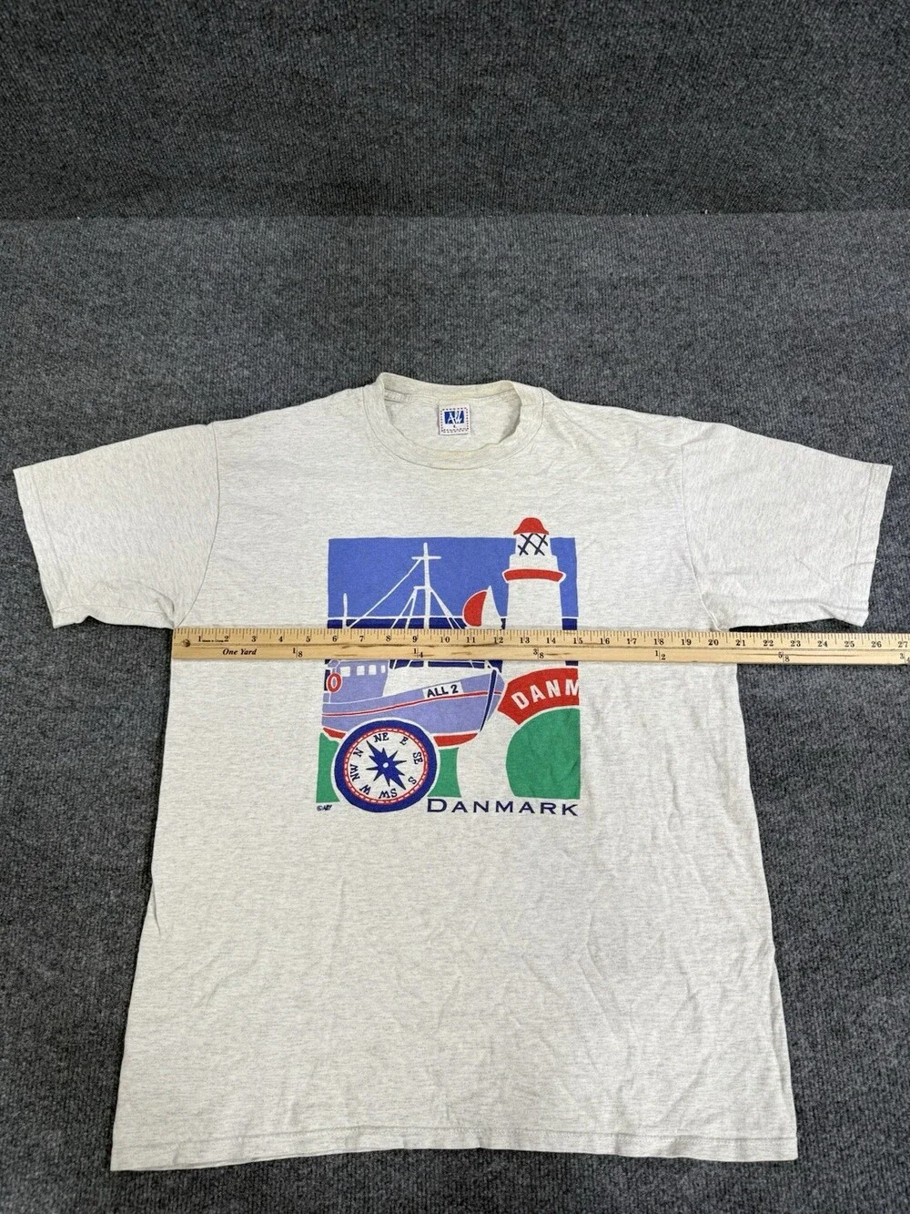 Vintage 90s Denmark T Shirt Mens L Lighthouse Fishing Boat Nautical Graphic Tee